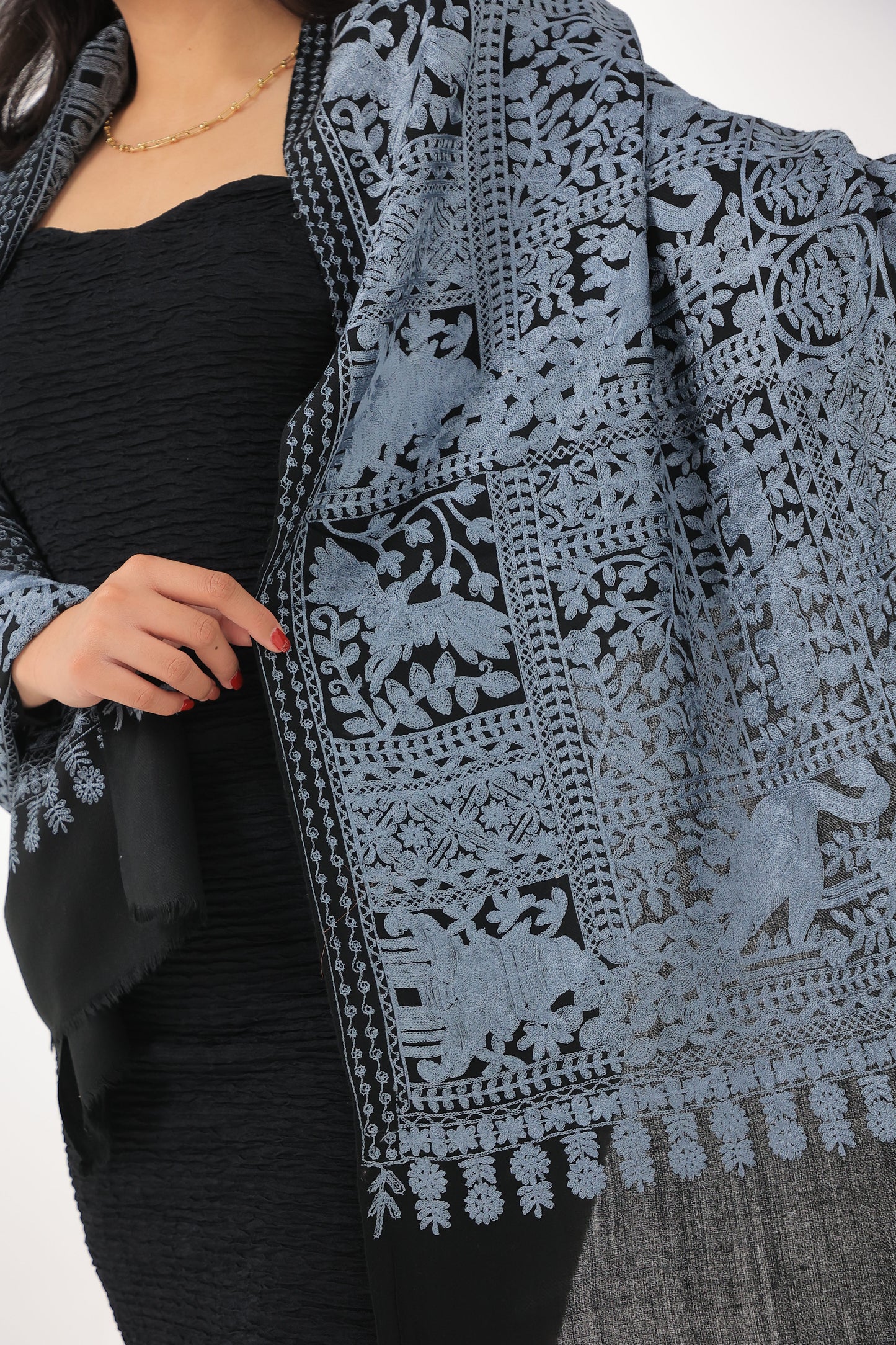 NEW Elegant Luxury Cashmere Beautiful black blue noir azure midnight sky night Printed Shawl Shaal Kuwait Peacock Elephant Animal Patterns Vibrant