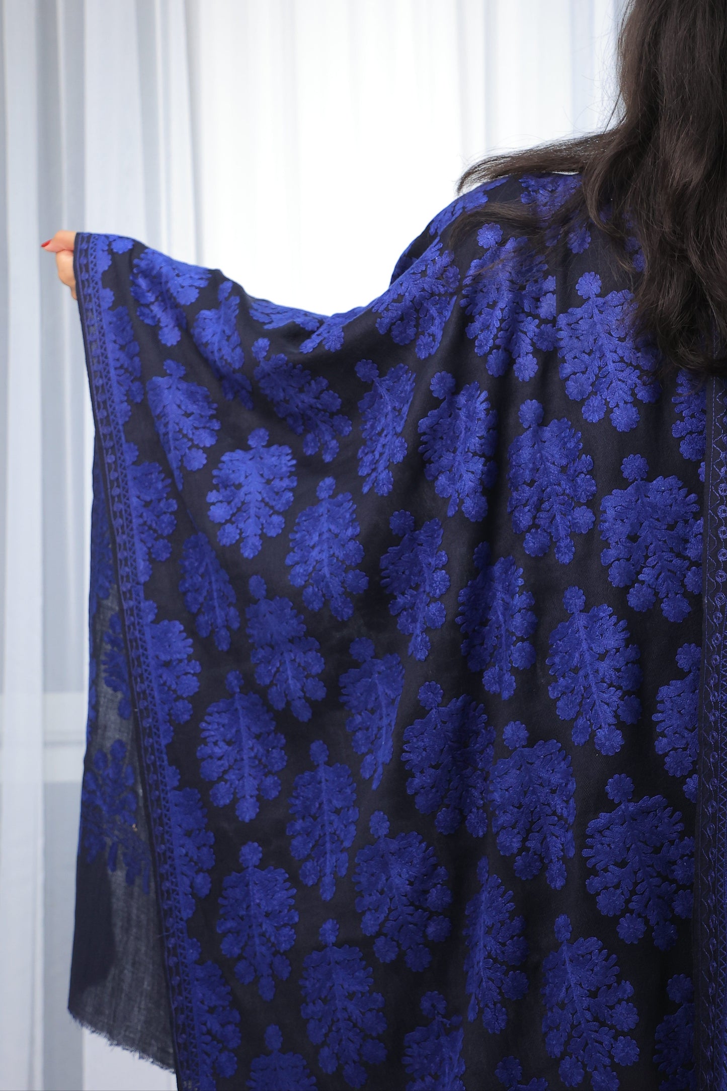 NEW Pure Black Noir Flower Elegant Luxury Beautiful Winter Shawl Shaal Classy Circle Prestigious Patterns Accessories One of A KInd blue dark midnight sky