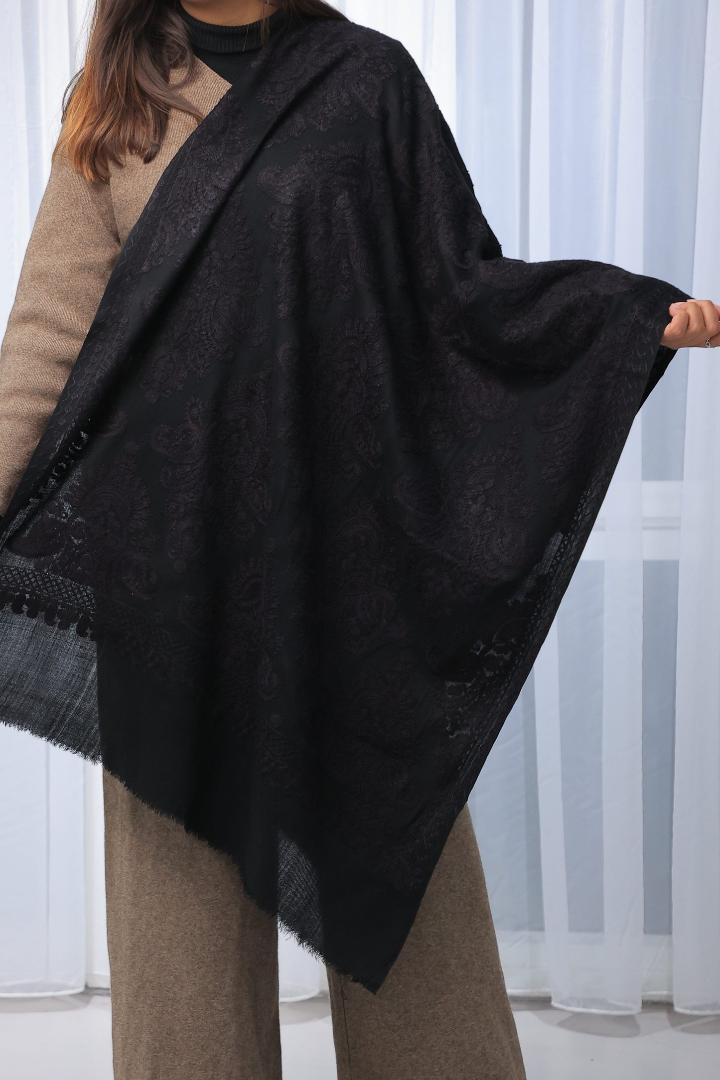 NEW Pure Black Noir Flower Elegant Luxury Beautiful Winter Shawl Shaal Classy Circle Prestigious Patterns Accessories One of A KInd