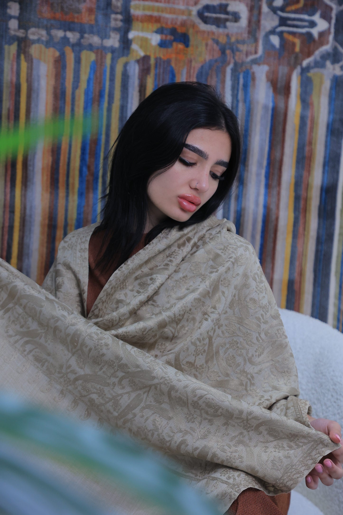 NEW Pure beige brown Noir Flower Elegant Luxury Beautiful Winter Shawl Shaal Classy Circle Prestigious Patterns Accessories One of A KInd unique floral gift winter