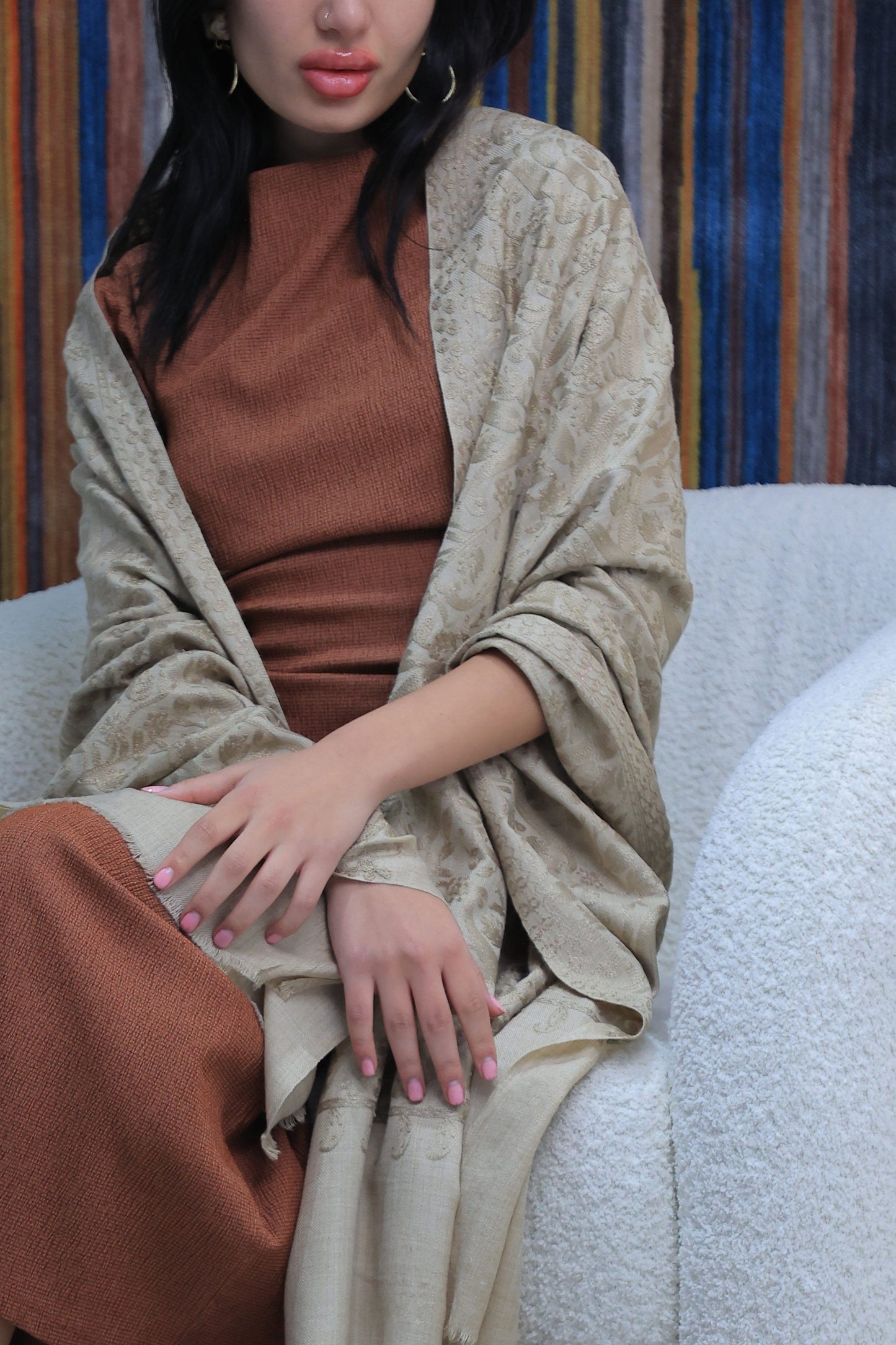 NEW Pure beige brown Noir Flower Elegant Luxury Beautiful Winter Shawl Shaal Classy Circle Prestigious Patterns Accessories One of A KInd unique floral gift winter