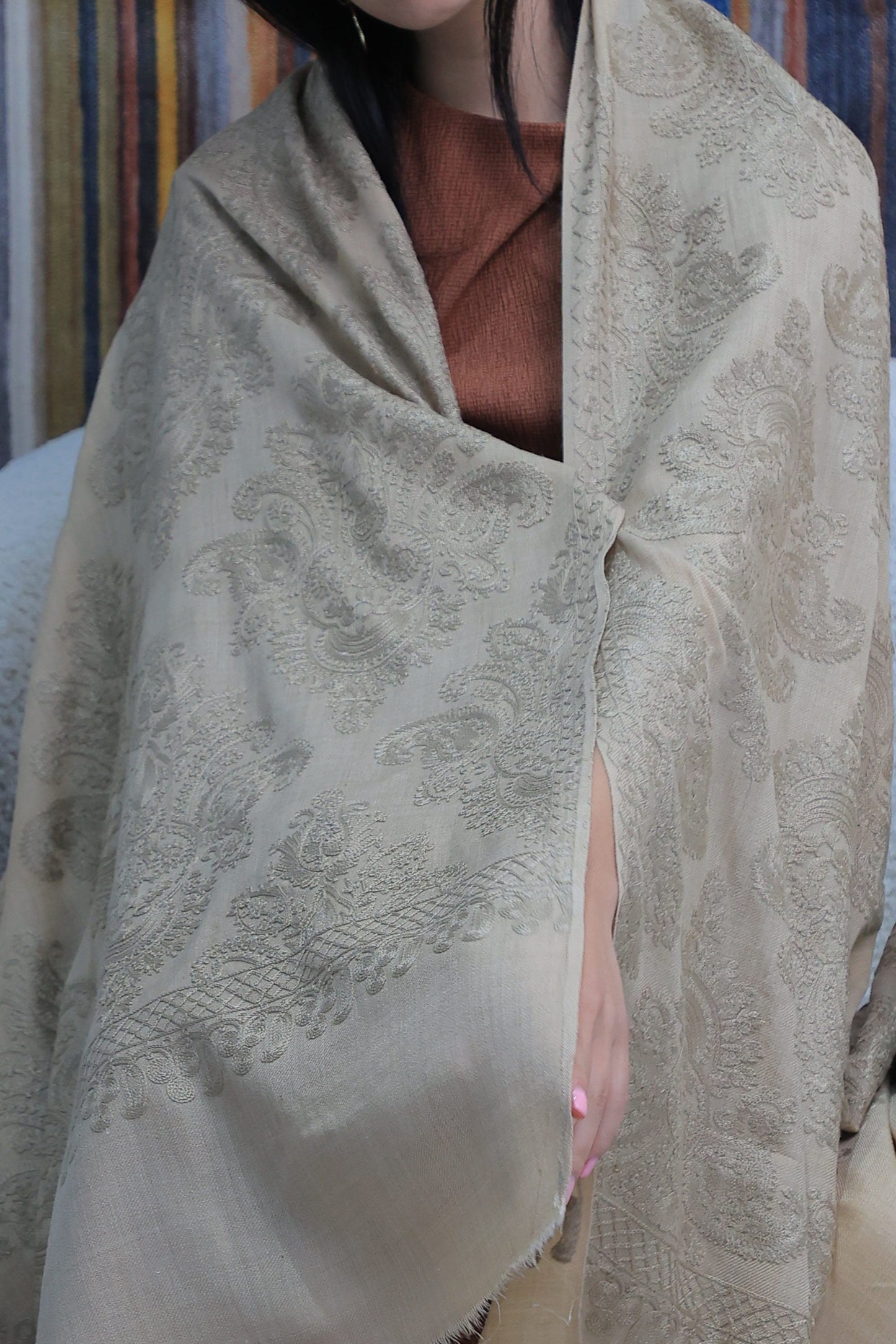 NEW Pure beige brown Noir Flower Elegant Luxury Beautiful Winter Shawl Shaal Classy Circle Prestigious Patterns Accessories One of A KInd unique floral gift winter