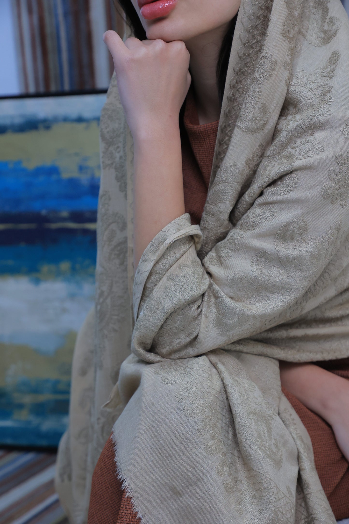 NEW Pure beige brown Noir Flower Elegant Luxury Beautiful Winter Shawl Shaal Classy Circle Prestigious Patterns Accessories One of A KInd unique floral gift winter