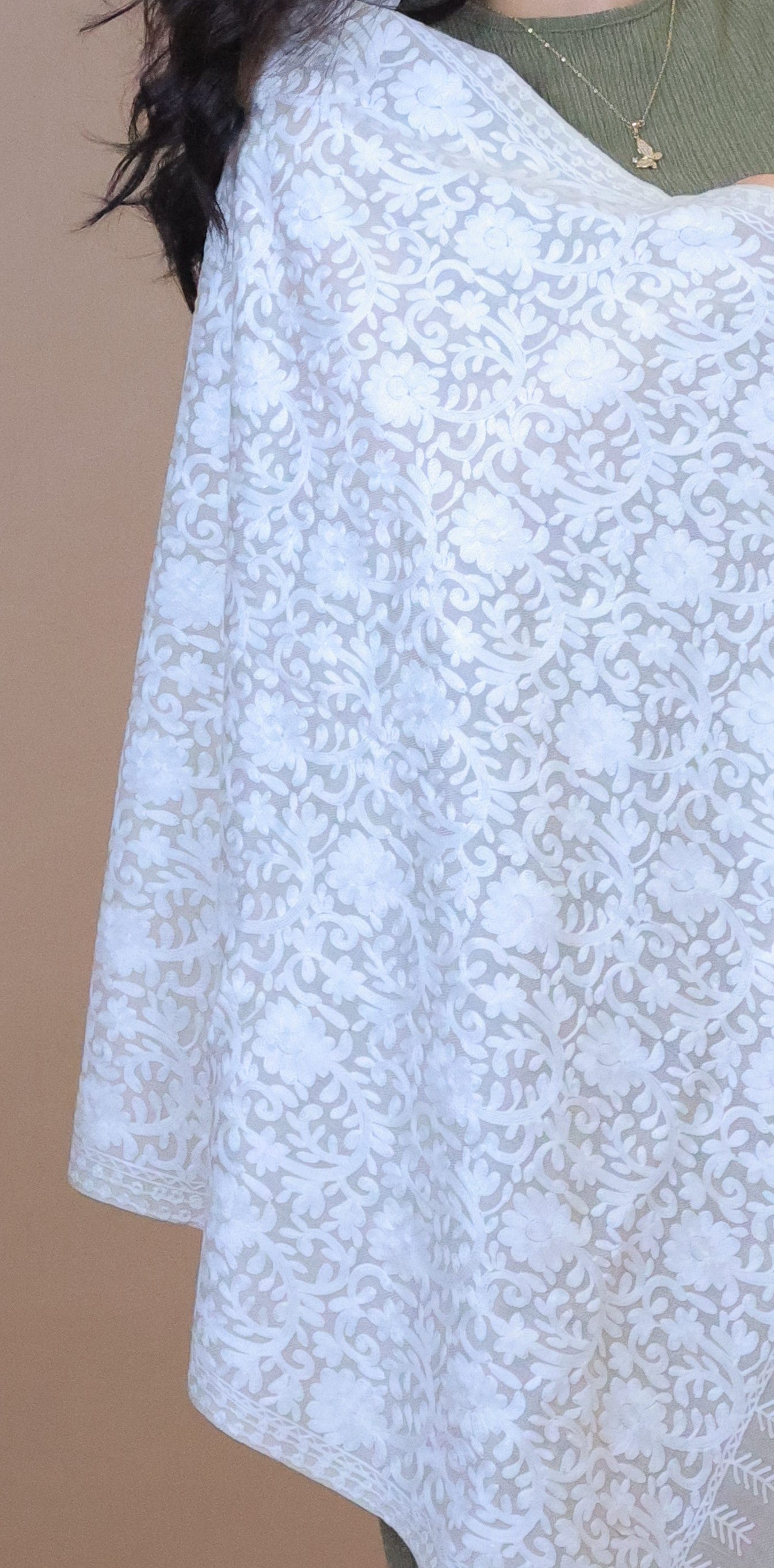 NEW Pure White Beige Brown Elegant Luxury Beautiful Winter Shawl Shaal Classy Circle Prestigious Floral Patterns Accessories