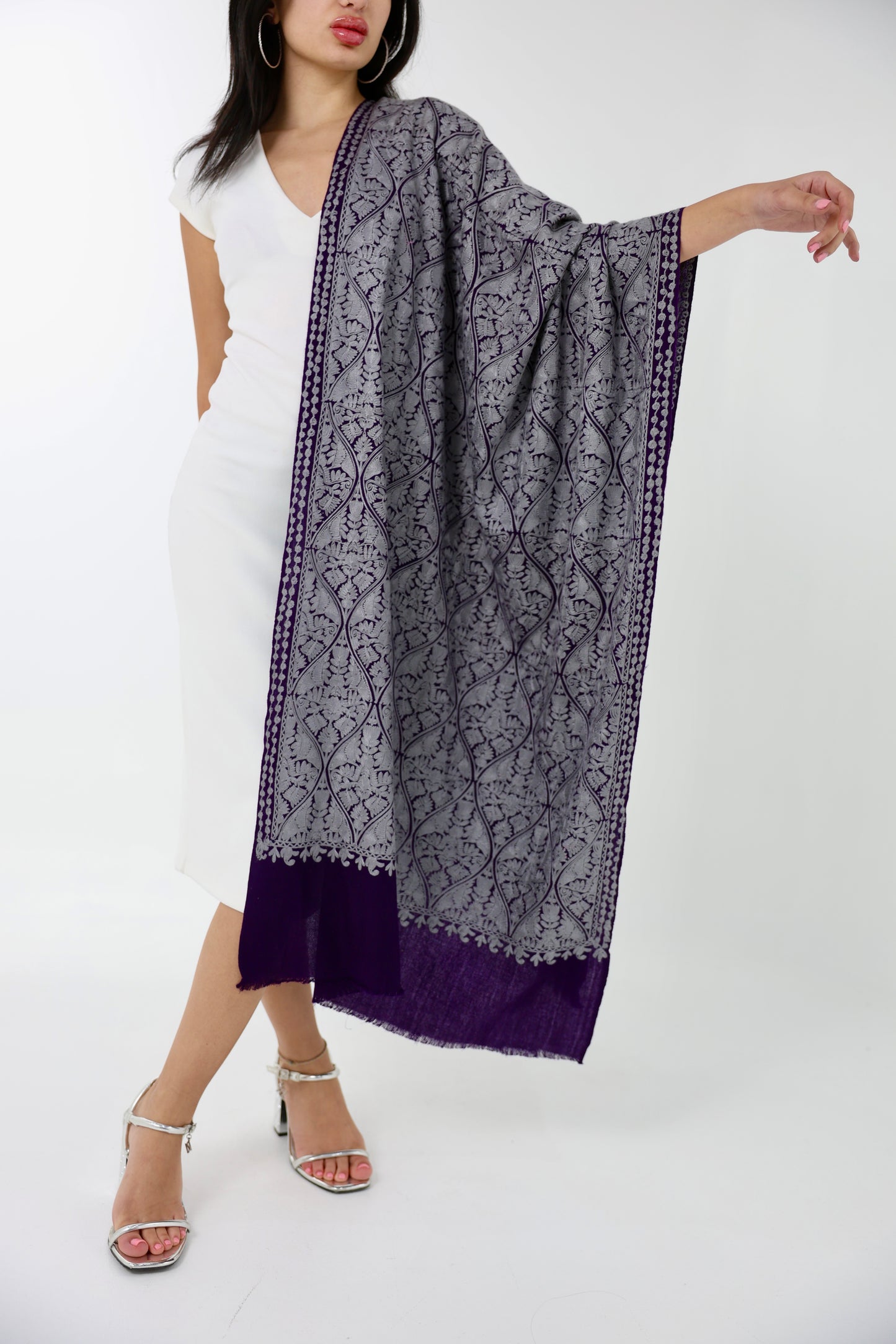 NEW Pure violet purple amethyst ube silver grey gray winter Elegant Luxury Beautiful Winter Shawl Shaal Classy Circle Prestigious Floral Patterns Accessories