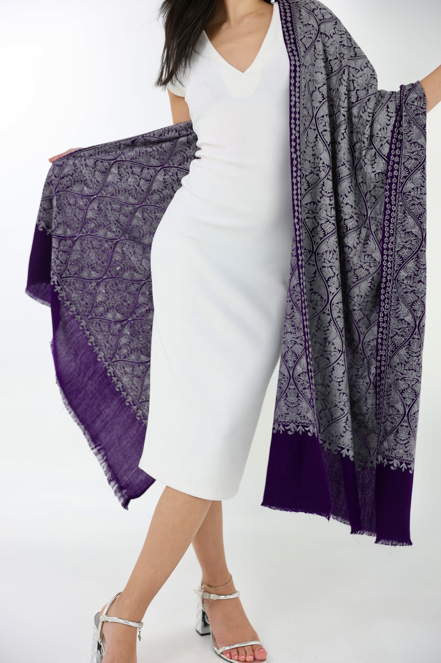 NEW Pure violet purple amethyst ube silver grey gray winter Elegant Luxury Beautiful Winter Shawl Shaal Classy Circle Prestigious Floral Patterns Accessories