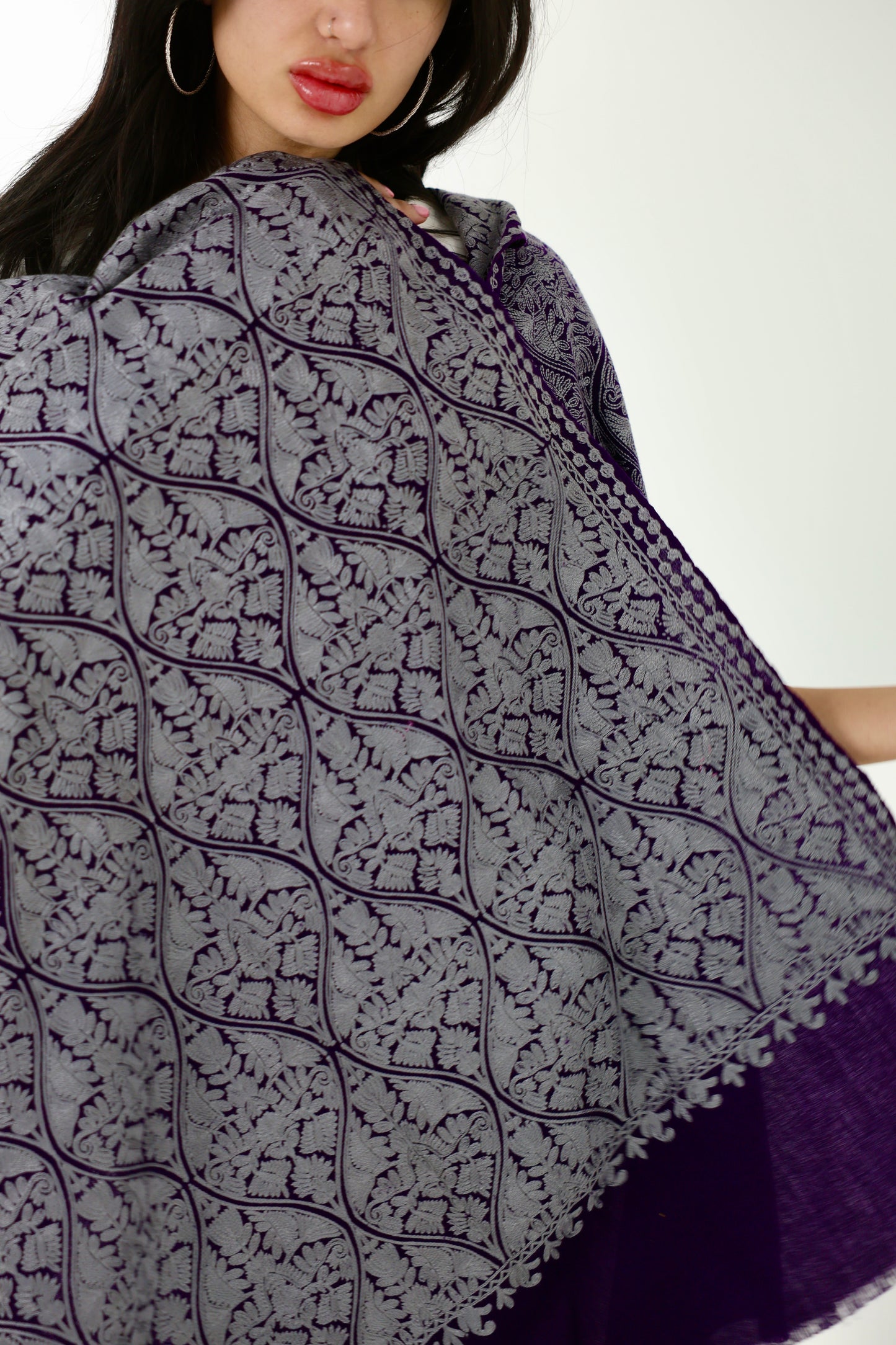 NEW Pure violet purple amethyst ube silver grey gray winter Elegant Luxury Beautiful Winter Shawl Shaal Classy Circle Prestigious Floral Patterns Accessories
