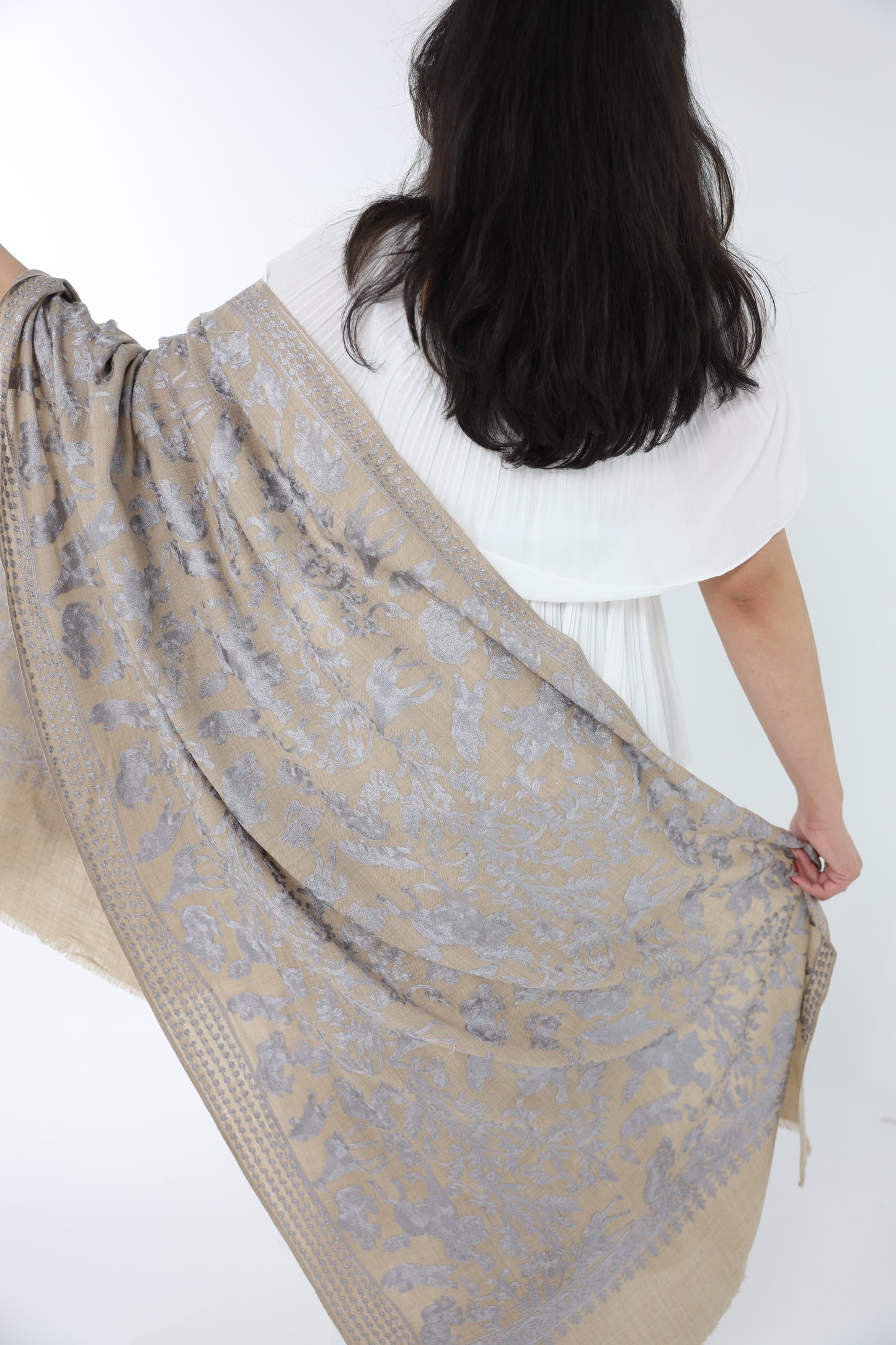 NEW Pure Elegant Luxury Beautiful Winter Shawl Shaal Classy Floral Prestigious Patterns Accessories Expensive Rare One of A Kind Brown silver gray beige