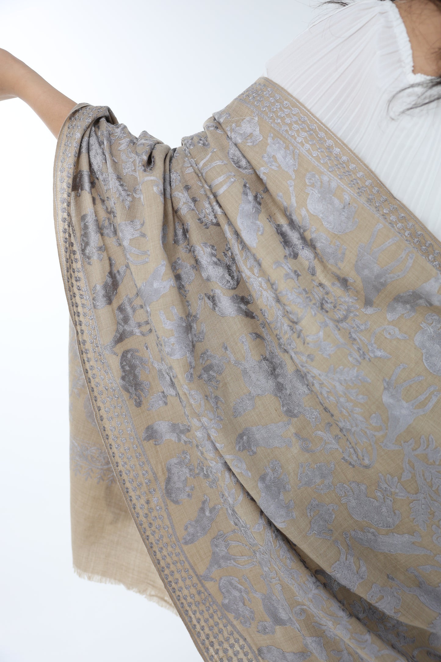 NEW Pure Elegant Luxury Beautiful Winter Shawl Shaal Classy Floral Prestigious Patterns Accessories Expensive Rare One of A Kind Brown silver gray beige
