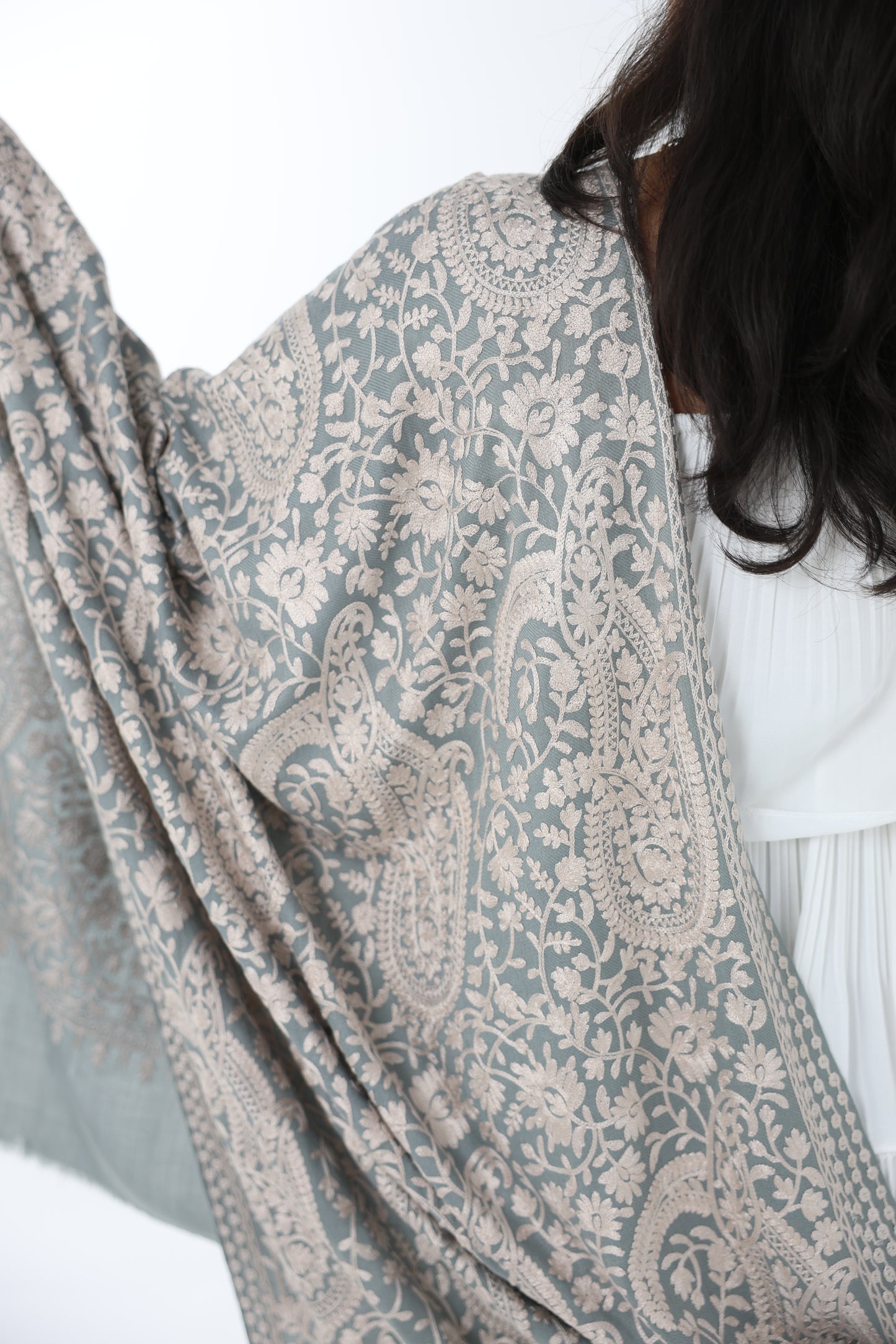 NEW Pure beige silver blue olive grey gray winter Elegant Luxury Beautiful Winter Shawl Shaal Classy Circle Prestigious Floral Patterns Accessories