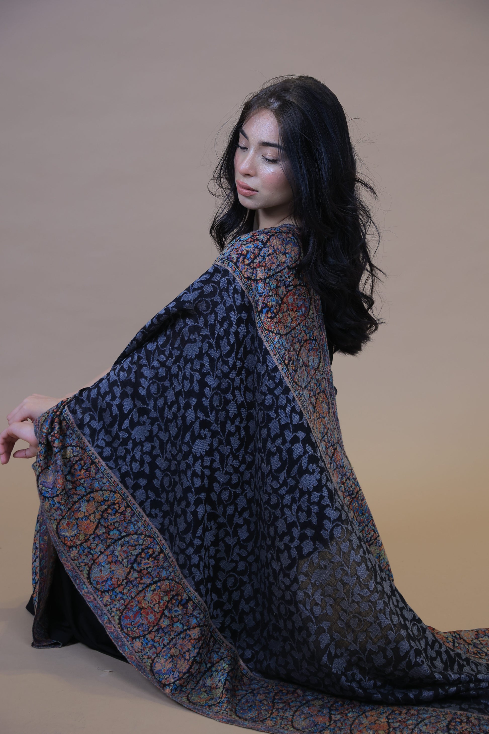 NEW Pure Kani Satoosh Elegant Luxury Beautiful Winter Shawl Shaal Classy Prestigious FLORAL flowers flora Patterns Accessories one of a kind black colorful vibrant stunning leaves