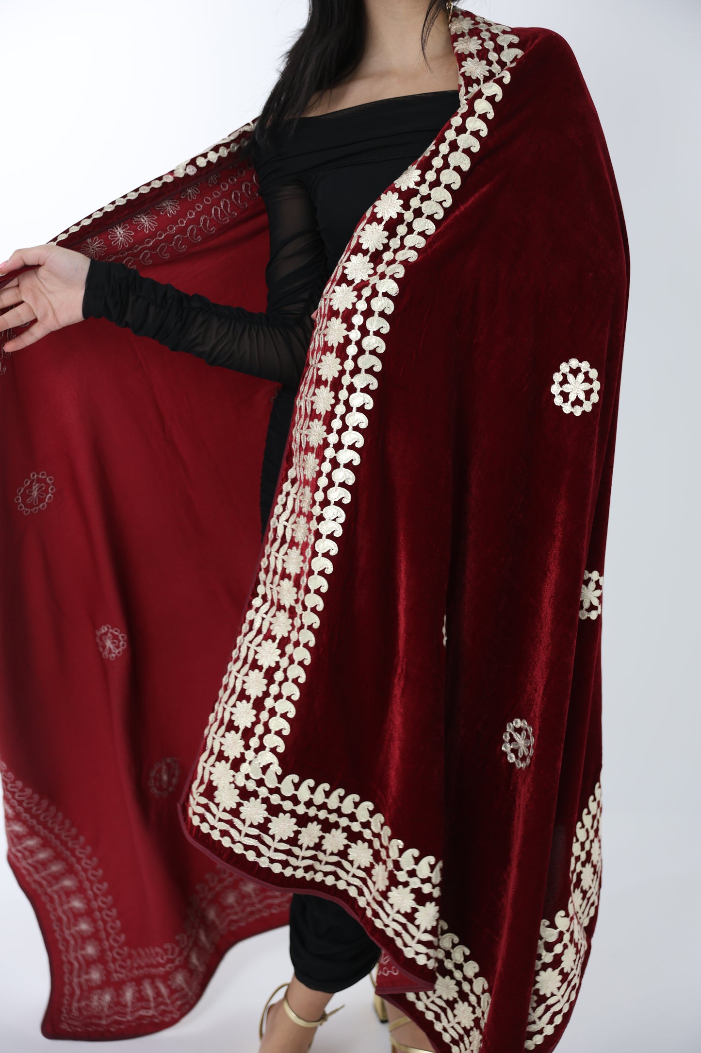 NEW Velvet ramadan one of a kind unique material Cashmere Elegant Luxury Beautiful Winter Shawl Shaal Classy Circle Red Gold Damask Patterns Accessories Celebration gift wedding what to wear ootd outfit