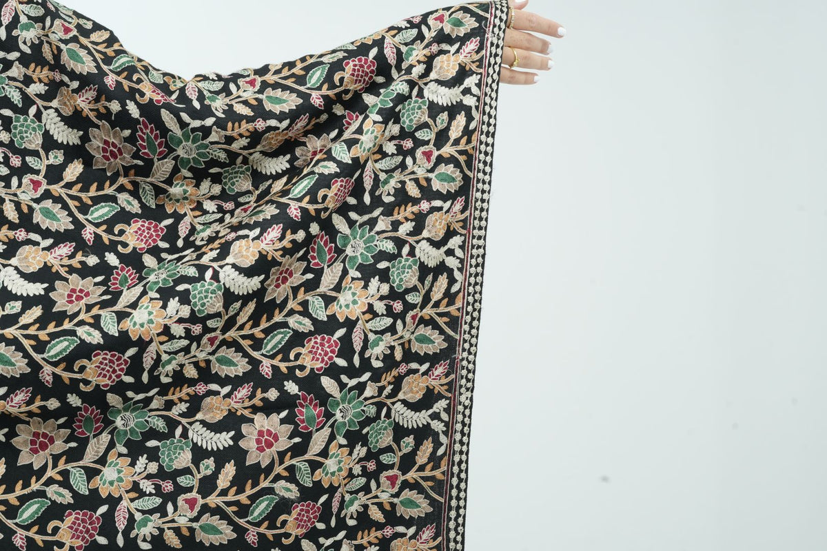 A close-up of a black fabric, likely a saree or scarf, featuring an intricate multicolor floral block print and a decorative border, held up by a hand against a plain light gray background.