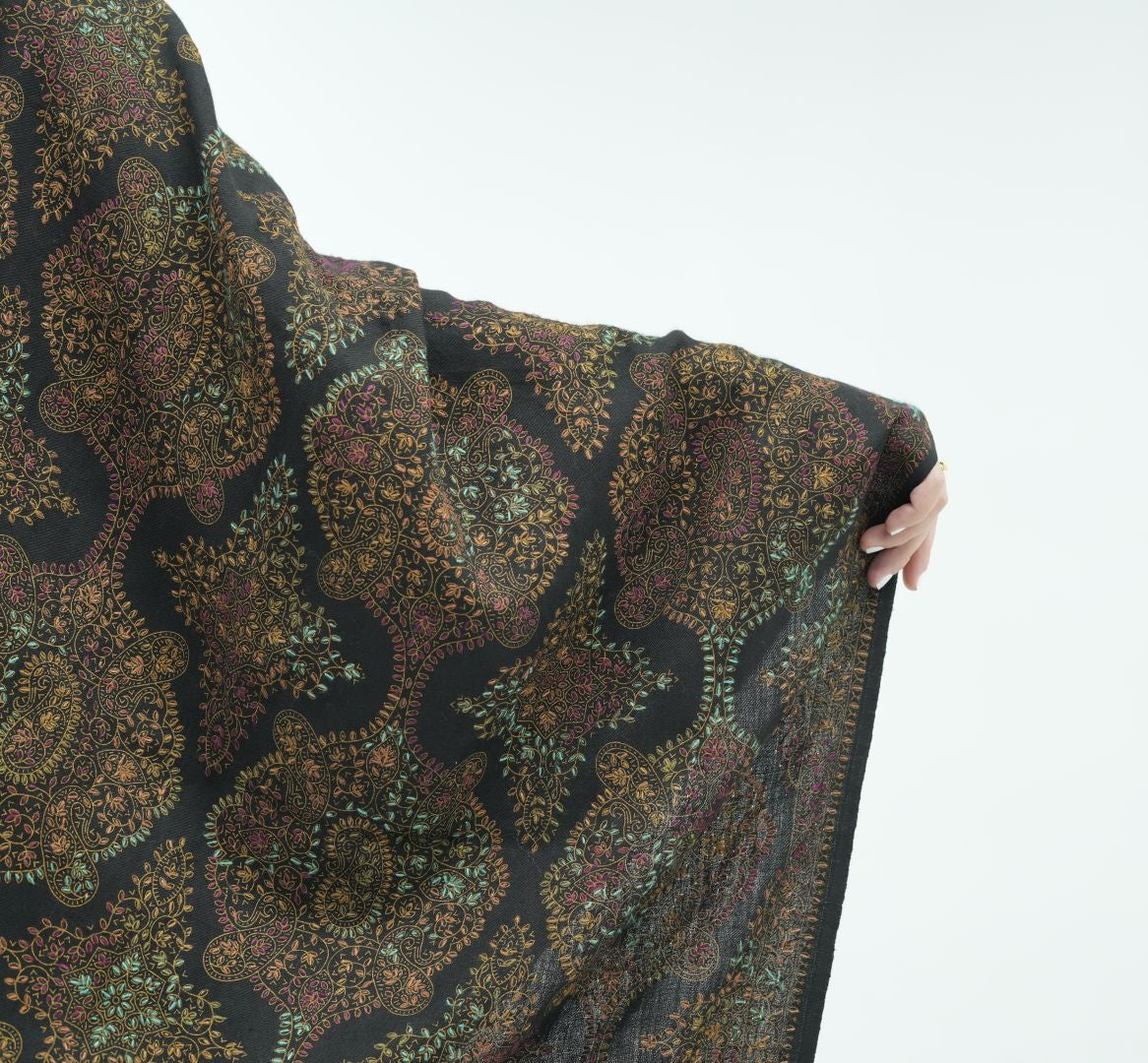 A close-up of a patterned fabric, likely a shawl or scarf, held up by a hand against a plain white background. The fabric features an intricate, dense floral and paisley pattern in dark brown, black, muted green, and rust-orange tones.